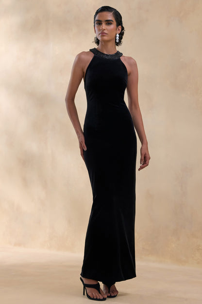 Darya | Vestido Largo negro de terciopelo con cuello alto ornamentado