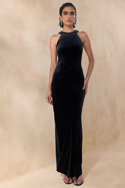 Darya | Vestido Largo negro de terciopelo con cuello alto ornamentado