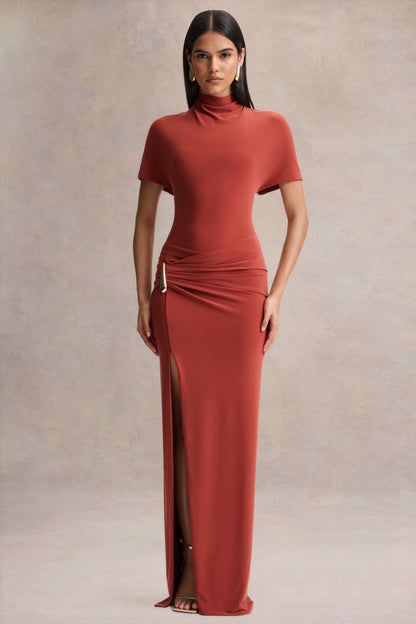 Arlena | Vestido Largo Óxido de Cuello Alto con Detalle Envolvente