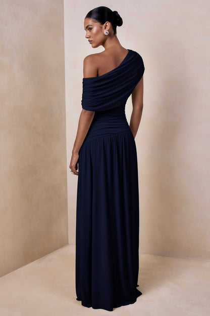 Emberly | Vestido Largo Azul Marino con Escote Asimétrico Drapeado y Cintura Caída