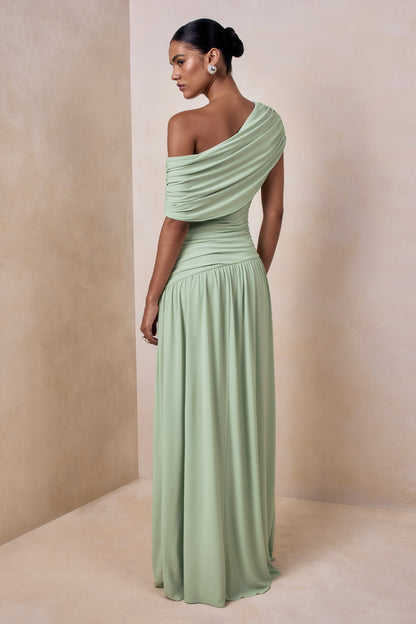 Emberly | Vestido largo verde con escote asimétrico y cintura caída