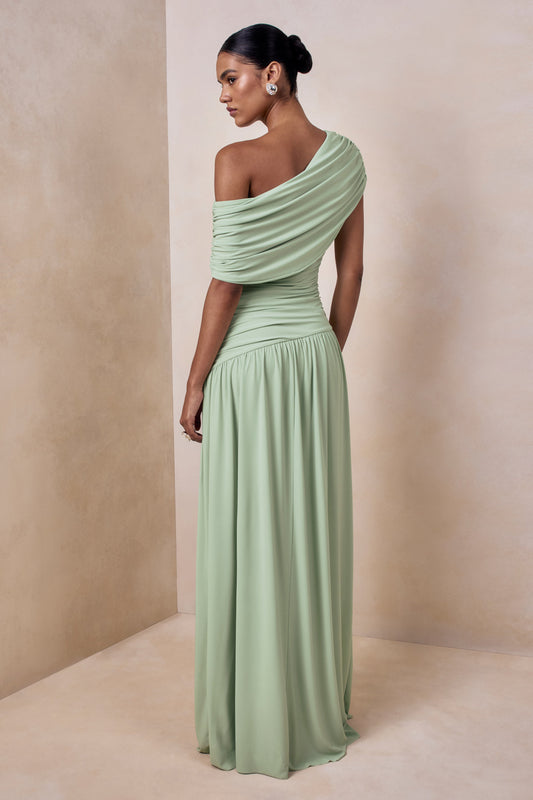 Emberly | Vestido largo verde con escote asimétrico y cintura caída