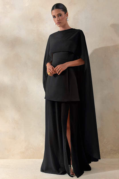 Chessa | Vestido Largo Negro de Escote Con Aberturas con Capa Transparente