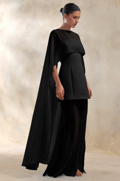 Chessa | Vestido Largo Negro de Escote Con Aberturas con Capa Transparente