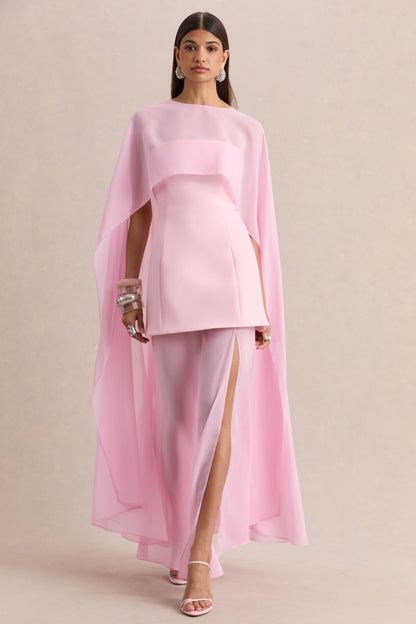 Chessa | Vestido Largo Rosa Claro Con Escote Slashed, Capa Transparente Y Abertura