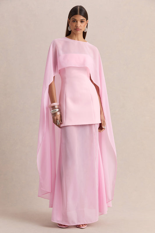 Chessa | Vestido Largo Rosa Claro Con Escote Slashed, Capa Transparente Y Abertura