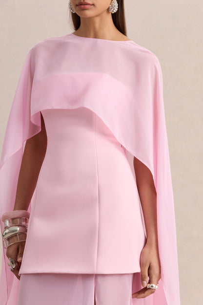 Chessa | Vestido Largo Rosa Claro Con Escote Slashed, Capa Transparente Y Abertura