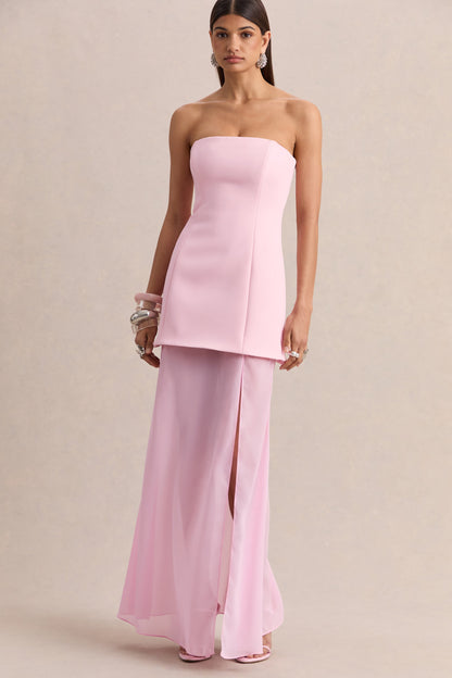 Chessa | Vestido Largo Rosa Claro Con Escote Slashed, Capa Transparente Y Abertura