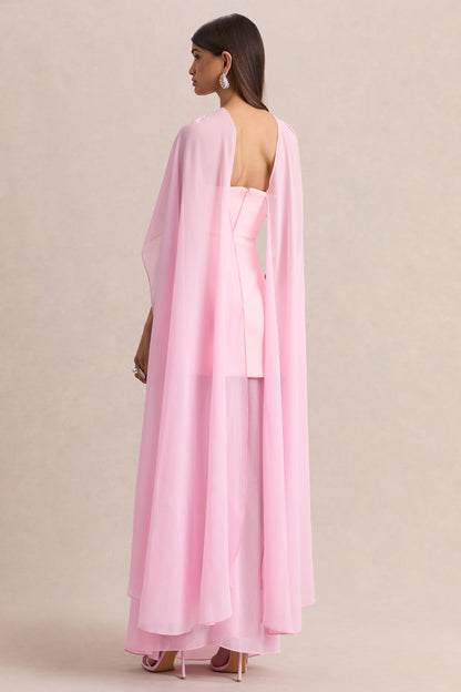 Chessa | Vestido Largo Rosa Claro Con Escote Slashed, Capa Transparente Y Abertura
