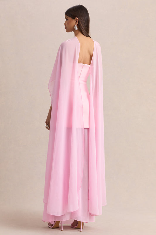 Chessa | Vestido Largo Rosa Claro Con Escote Slashed, Capa Transparente Y Abertura