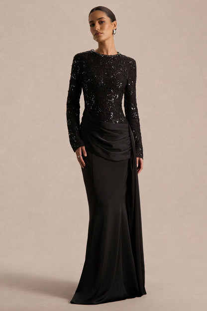 Beau | Vestido Largo de Encaje Negro con Escote Alto y Detalle Drapeado