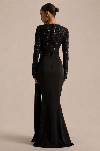 Beau | Vestido Largo de Encaje Negro con Escote Alto y Detalle Drapeado