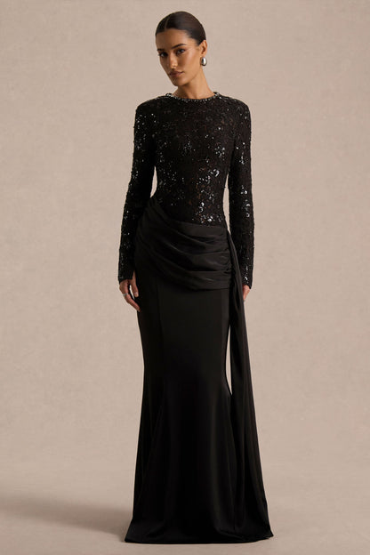 Beau | Vestido Largo de Encaje Negro con Escote Alto y Detalle Drapeado