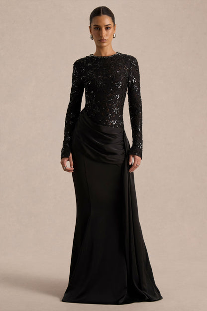 Beau | Vestido Largo de Encaje Negro con Escote Alto y Detalle Drapeado