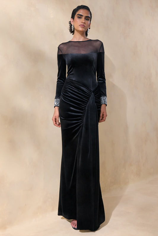 Perrin | Vestido Largo Negro con Escote Alto y Puños Bordados