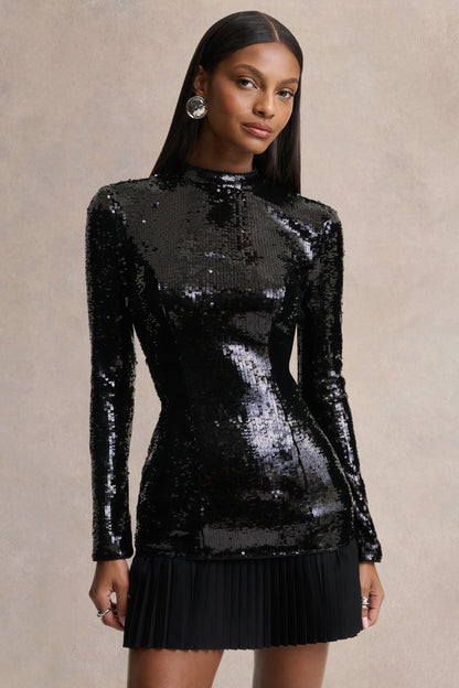 North | Vestido Corto Negro de Lentejuelas con Cuello Alto y Plisado