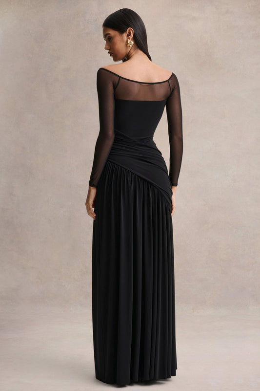 Bexley | Vestido Largo negro drapeado de cuello Bardot con mangas largas de malla