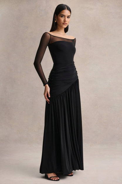 Bexley | Vestido Largo negro drapeado de cuello Bardot con mangas largas de malla