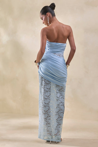 Dulcie | Vestido Largo Azul celeste de Encaje y Satén Bandeau con Detalle Cruzado