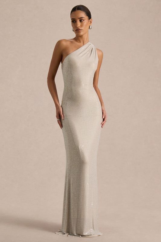 Deity | Vestido largo plateado con escote asimétrico y espalda descubierta