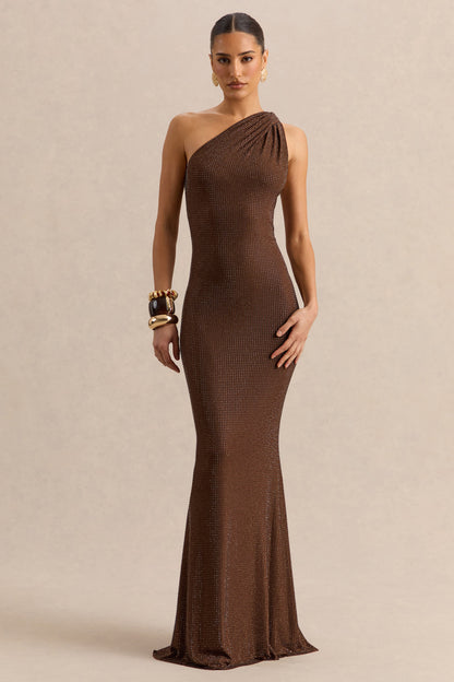 Deity | Vestido Largo Marrón Con Adornos, Cuello Asimétrico Y Espalda Abierta