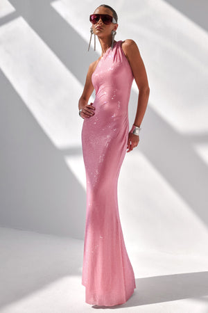 Deity | Vestido Largo Rosa Con Adornos, Cuello Asimétrico Y Espalda Abierta