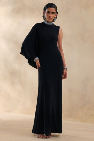 Oriana | Negro Vestido Largo con Cuello Alto Adornado y Una Sola Manga Tipo Capa