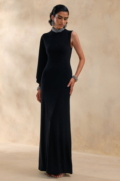 Oriana | Negro Vestido Largo con Cuello Alto Adornado y Una Sola Manga Tipo Capa
