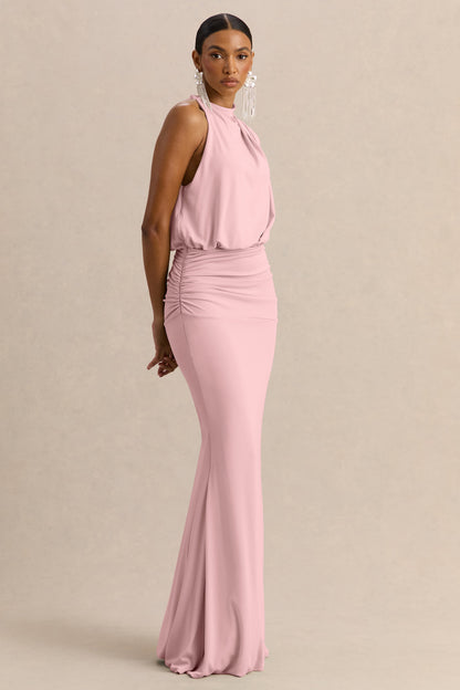 Umaira | Vestido Largo Rosa Pastel Con Cuello Alto