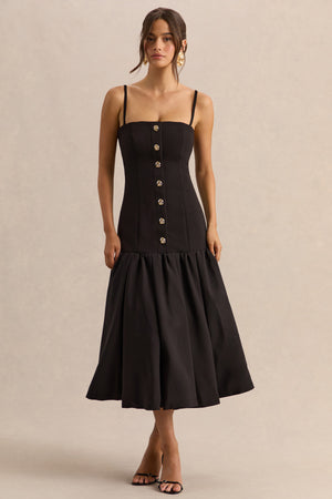 Briella | Vestido midi negro con escote bandeau y detalles de botones dorados