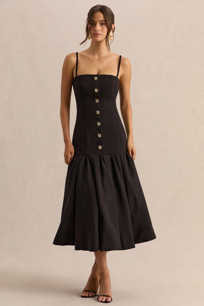 Briella | Vestido midi negro con escote bandeau y detalles de botones dorados