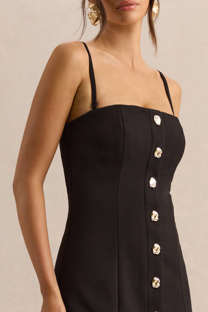 Briella | Vestido midi negro con escote bandeau y detalles de botones dorados