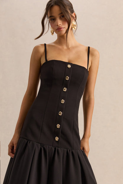 Briella | Vestido midi negro con escote bandeau y detalles de botones dorados