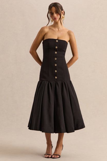 Briella | Vestido midi negro con escote bandeau y detalles de botones dorados