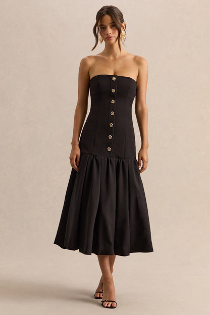Briella | Vestido midi negro con escote bandeau y detalles de botones dorados