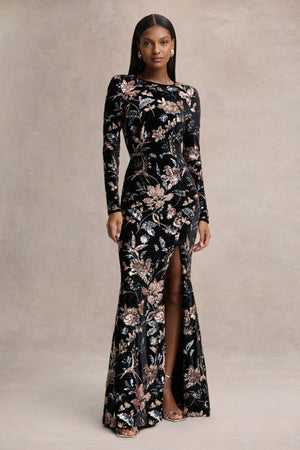 Lyric | Vestido Largo de Terciopelo Negro con Estampado de Flores Lentejuelas y Escote Alto
