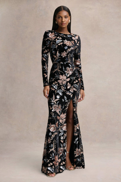 Lyric | Vestido Largo de Terciopelo Negro con Estampado de Flores Lentejuelas y Escote Alto