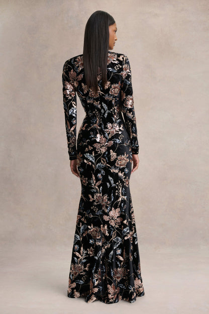 Lyric | Vestido Largo de Terciopelo Negro con Estampado de Flores Lentejuelas y Escote Alto