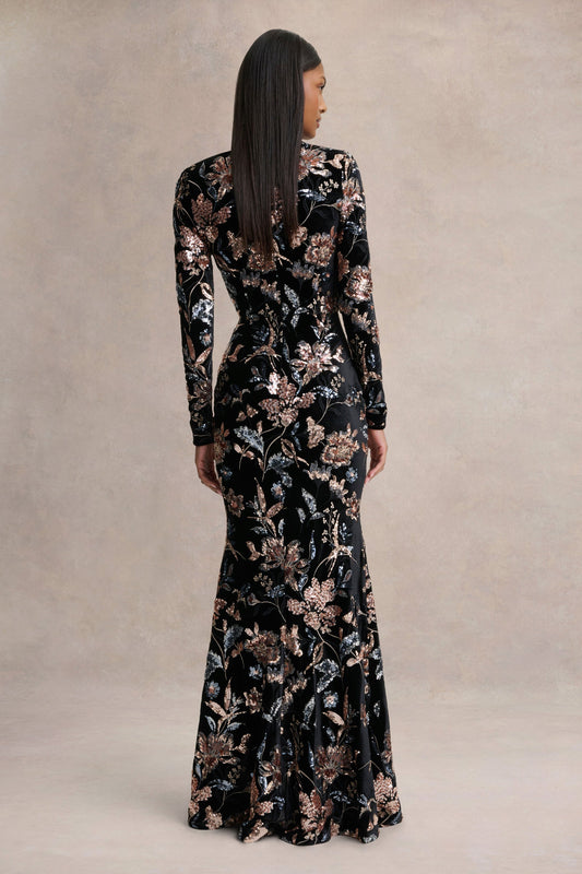 Lyric | Vestido Largo de Terciopelo Negro con Estampado de Flores Lentejuelas y Escote Alto