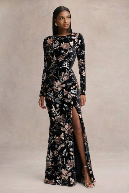 Lyric | Vestido Largo de Terciopelo Negro con Estampado de Flores Lentejuelas y Escote Alto