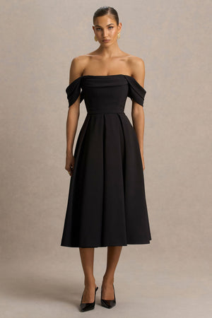 Cosima | Vestido midi negro con escote bardot