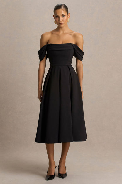 Cosima | Vestido midi negro con escote bardot
