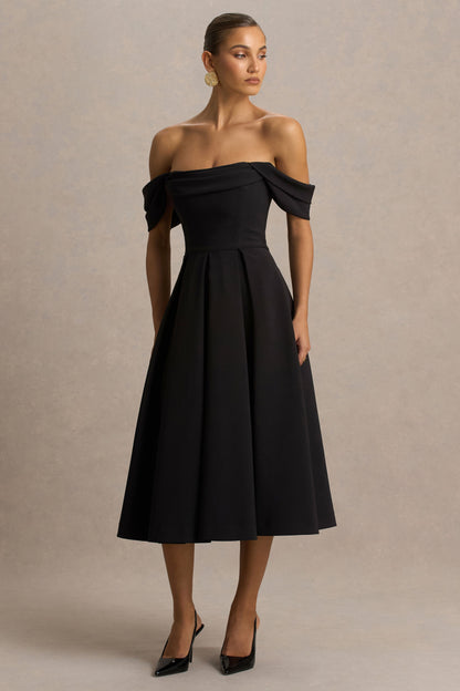 Cosima | Vestido midi negro con escote bardot