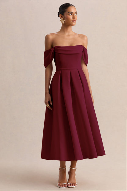 Cosima | Vestido midi burdeos con escote bardot