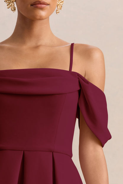 Cosima | Vestido midi burdeos con escote bardot