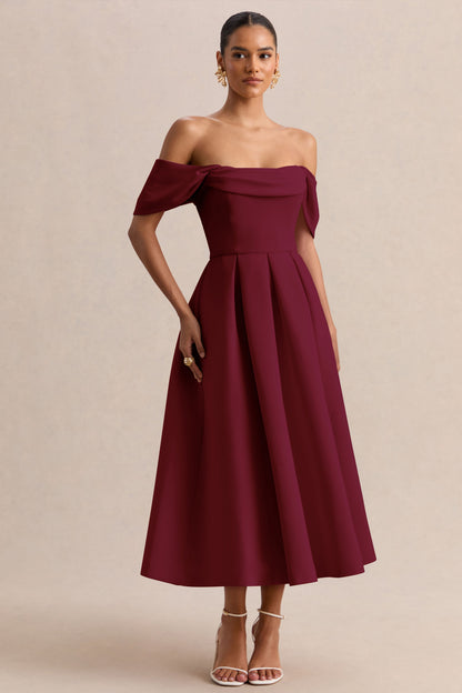Cosima | Vestido midi burdeos con escote bardot