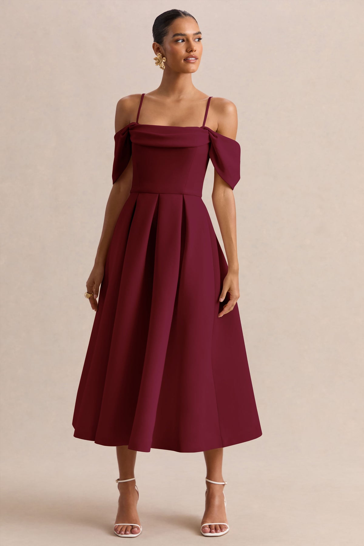 Cosima | Vestido midi burdeos con escote bardot