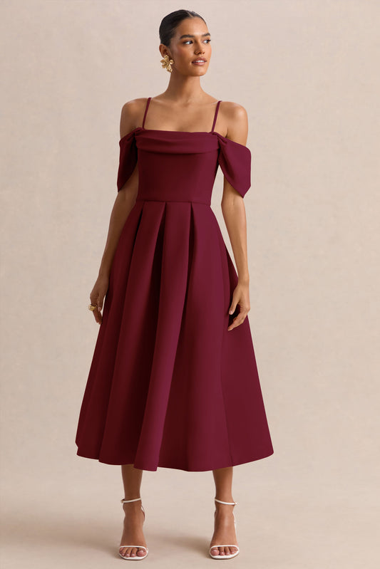 Cosima | Vestido midi burdeos con escote bardot