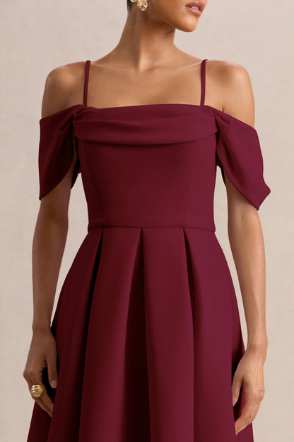 Cosima | Vestido midi burdeos con escote bardot