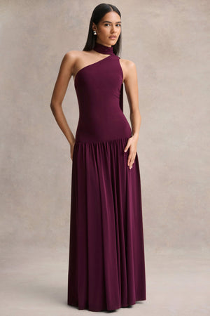 Freesia | Vestido Largo Color Ciruela con Escote Asimétrico y Detalle de Pañuelo
